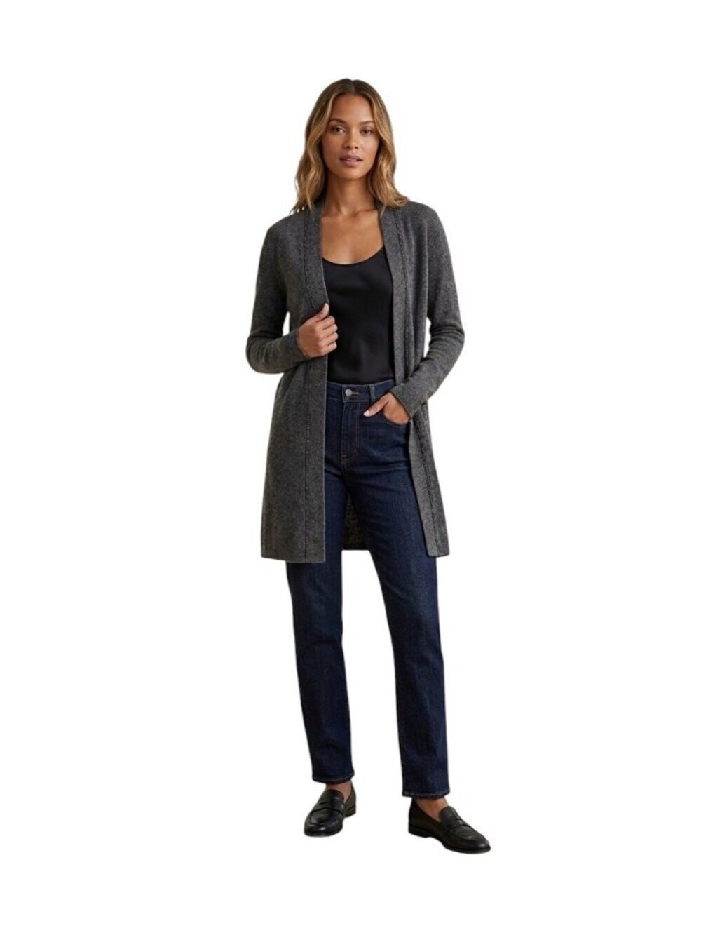 Neiman Marcus Cashmere Cardigan Small Grey Beaded Trim Open Front Long Sweater